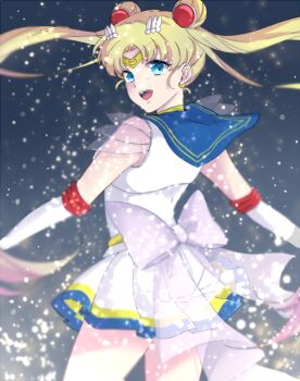 Rule 34 | 1girl, :d, bishoujo senshi sailor moon, blonde hair, blue eyes, blue sailor collar, bow, circlet, cowboy shot, double bun, elbow gloves, female focus, floating hair, gloves, hair bun, hair ornament, hairclip, hiki-wota, long hair, looking at viewer, looking back, multicolored skirt, open mouth, sailor collar, sailor moon, see-through clothes, skirt, smile, solo, super sailor moon, tsukino usagi, twintails, white gloves, white skirt