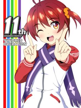 Rule 34 | 1girl, absurdres, anniversary, commentary request, copyright name, hair ornament, hair scrunchie, highres, index fingers raised, isshiki akane, jacket, koi dance, multicolored jacket, nonbe, orange eyes, orange scrunchie, purple scarf, red hair, scarf, scrunchie, short hair, smile, solo, track jacket, twintails, two-tone jacket, upper body, vividred operation