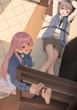 2girls absurdres arms_up bang_dream! bang_dream!_it&#039;s_mygo!!!!! bare_legs barefoot belt black_choker blue_eyes blue_vest bound bound_wrists brown_eyes chihaya_anon choker couch earrings feet frills full_body grey_hair grey_skirt han_(hehuihuihui) highres indoors jewelry legs long_hair long_sleeves looking_at_another microphone multiple_girls on_couch open_mouth pink_hair seiza short_hair sitting skirt soles takamatsu_tomori tickling tickling_feet toenails toes vest wooden_floor yuri