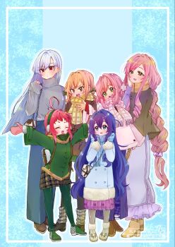 6+girls :d ^_^ alternate_costume antenna_hair artist_name backpack bag blue_eyes blue_hair blue_pants boots braid brown_eyes closed_eyes commentary drill_hair drill_sidelocks earmuffs eiai_nano female_focus flower fur-trimmed_boots fur-trimmed_sleeves fur_trim green_eyes green_jacket grey_sweater hair_between_eyes hair_flower hair_intakes hair_ornament hairband hanazono_hahari hanazono_hakari hand_on_own_cheek hand_on_own_face harem highres inda_karane jacket kimi_no_koto_ga_dai_dai_dai_dai_daisuki_na_100-nin_no_kanojo long_hair long_skirt long_sleeves mature_female mittens mother_and_daughter multiple_girls nanatan open_mouth orange_hair pants pink_hair pink_mittens pink_skirt pleated_skirt red_eyes red_hair rentarou_family scarf short_hair shoulder_bag sidelocks simple_background skirt sleeves_past_wrists smile sweater turtleneck turtleneck_sweater very_long_hair white_hairband winter_clothes yakuzen_kusuri yoshimoto_shizuka