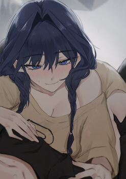 1boy 1girl absurdres aroused biting_own_lip black_gloves black_shirt blue_eyes blue_hair blush breasts brown_shirt cleavage gloves grabbing_another's_thighs hair_intakes hair_over_shoulder hand_on_another's_chest heart heart-shaped_pupils hetero highres hololive hololive_english hunk_404 large_breasts long_hair looking_at_viewer low_twintails lying_on_person ouro_kronii pov print_shirt shirt single_bare_shoulder single_off_shoulder small_sweatdrop sweat symbol-shaped_pupils twintails virtual_youtuber