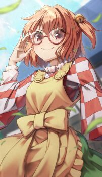 1girl absurdres adjusting_eyewear apron bell blue_sky bow checkered_clothes checkered_kimono closed_mouth commentary_request day falling_leaves from_below glasses green_skirt hair_bell hair_ornament hand_on_eyewear highres japanese_clothes jingle_bell kimono leaf long_sleeves looking_at_viewer medium_hair motoori_kosuzu orange_eyes orange_hair red-framed_eyewear round_eyewear semi-rimless_eyewear shirt skirt sky smile solo touhou two_side_up under-rim_eyewear yellow_apron yellow_bow yosshy