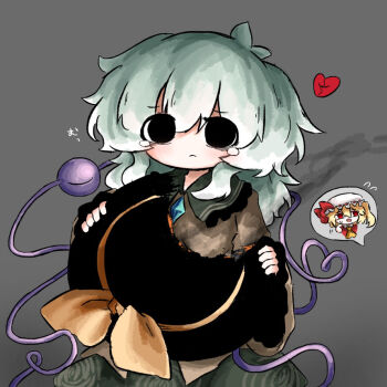 2girls ascot black_eyes blonde_hair bow buttons chibi chibi_inset closed_mouth collared_shirt diamond_button eyeball eyes_visible_through_hair fedora flandre_scarlet floral_print frilled_shirt_collar frilled_sleeves frills frown green_hair green_skirt grey_background hair_between_eyes hat hat_bow heart heart_of_string heripantomorrow holding holding_unworn_clothes holding_unworn_hat komeiji_koishi long_sleeves looking_at_viewer medium_hair mob_cap multiple_girls open_mouth red_eyes shirt simple_background skirt tears third_eye torn_clothes torn_hat touhou unworn_hat unworn_headwear wide_sleeves yellow_ascot yellow_bow yellow_shirt