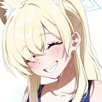 1girl animal_ear_fluff animal_ears blonde_hair blue_archive blue_halo blush closed_eyes collarbone extra_ears eyes_visible_through_hair facing_viewer grin hair_over_one_eye halo highres kanna_(blue_archive) kanna_(swimsuit)_(blue_archive) long_hair official_alternate_costume pineap000 ponytail portrait simple_background smile solo white_background