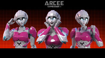 1girl 3d arcee autobot blender_(medium) blue_eyes breasts colored_skin glowing glowing_eyes helmet highres humanoid_robot kevin_lumoindong medium_breasts metal_skin multiple_expressions pink_lips robot robot_girl science_fiction solo transformers upper_body white_skin