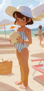 2girls alkemanubis bare_legs barefoot beach blue_sky brown_eyes brown_hair cloud day drinking drinking_straw flat_chest full_body hat highres legs loli looking_at_viewer multiple_girls one-piece_swimsuit original outdoors sand short_hair sky solo_focus standing striped_clothes striped_one-piece_swimsuit summer swimsuit toes vertical-striped_clothes vertical-striped_one-piece_swimsuit white_hat
