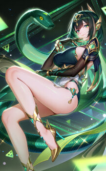 1girl belt black_gloves bracelet breasts chest_jewel claw_ring earrings elbow_gloves eye_tattoo genshin_impact gloves green_eyes green_hair green_shirt headpiece high_heels highres jewelry large_breasts lightria looking_at_viewer medium_hair miniskirt nefer_(genshin_impact) shirt skirt smile snake solo tattoo thigh_strap usekh_collar white_skirt
