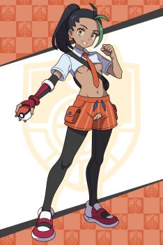1girl adapted_costume ahoge bag between_breasts black_bag black_hair black_pantyhose breasts cleft_of_venus clothing_cutout crop_top crotch_cutout dark-skinned_female dark_skin female_focus full_body functionally_nude gloves green_hair grin handbag highres holding holding_poke_ball hoshi_wo_miru long_hair looking_at_viewer multicolored_hair naranja_academy_school_uniform necktie necktie_between_breasts nemona_(pokemon) nintendo nipples no_bra no_panties orange_eyes orange_necktie orange_shorts pantyhose poke_ball poke_ball_(basic) pokemon pokemon_sv ponytail pussy revealing_clothes shoes shorts single_glove small_breasts smile solo standing teeth third-party_edit two-tone_hair uncensored white_shoes