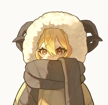 1girl blonde_hair brown_scarf covered_mouth don_quixote_(project_moon) fur_hood hair_between_eyes hashtag-only_commentary heishou_pack-wei_branch_(identity)_(project_moon) highres horns jacket limbus_company looking_at_viewer nyd4du2 project_moon scarf sheep_horns simple_background snot solo upper_body white_background yellow_eyes yellow_jacket