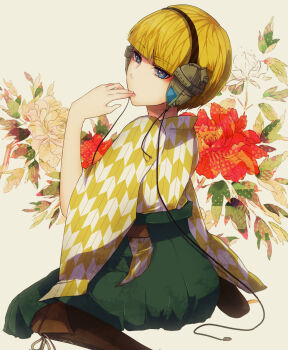 10s 1girl arrow_print blonde_hair blue_eyes boots brown_boots cable elesa_(pokemon) female_focus finger_to_mouth floral_background flower from_side green_hakama gym_leader hakama hakama_skirt hand_to_own_mouth headphones highres japanese_clothes knee_boots lace-up_boots meiji_schoolgirl_uniform nanase_chiori nintendo plug pokemon pokemon_bw short_hair sitting skirt solo wariza yagasuri