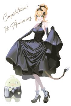 1girl absurdres alternate_costume animal animal_on_shoulder armpit_crease bare_shoulders black_dress blonde_hair bow breasts bubbles_(dooby) commentary creature curtsey dog dooby dress elbow_gloves english_commentary english_text formal_clothes full_body gloves green_eyes grin hair_bow hair_bun hairband happy_anniversary high_heels highres indie_virtual_youtuber kippu_(dooby) medium_breasts mouse_tail short_eyebrows simple_background smile solo_focus tail thick_eyebrows virtual_youtuber white_background yubbiidraw