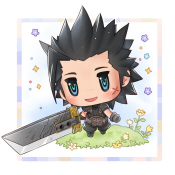 1boy armor black_hair black_pants black_sweater blue_eyes blush buster_sword commentary cross_scar crylin6 deformed earrings english_commentary facial_scar final_fantasy final_fantasy_vii flower grass holding holding_sword holding_weapon huge_weapon jewelry looking_at_viewer male_focus open_mouth pants ribbed_sweater scar scar_on_cheek scar_on_face short_hair shoulder_armor solo spiked_hair standing stud_earrings sweater sword weapon world_of_final_fantasy yellow_flower zack_fair