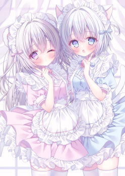 Rule 34 | 2girls, :o, animal ears, apron, bear ears, blue dress, blue eyes, blush, cat ears, cat girl, cat tail, commentary, dress, frilled apron, frilled hairband, frills, hair between eyes, hairband, hand up, highres, long hair, looking at viewer, maid, maid headdress, multiple girls, one eye closed, open mouth, original, pink dress, puffy short sleeves, puffy sleeves, purple eyes, puu (kari---ume), short hair, short sleeves, tail, thighhighs, untranslatable commentary, very long hair, white apron, white hair, white hairband, white thighhighs, zettai ryouiki