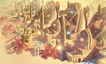 1boy apokarihardcore blonde_hair blue_eyes commentary_request day fantasy food holding holding_stick meat original outdoors scenery short_hair sitting solo stick water waterfall