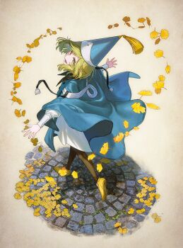 1girl :d autumn_leaves blue_cloak blue_hat brown_leggings cloak coco_(tongari_boushi_no_atelier) commentary conical_hat dress falling_leaves full_body ginkgo_leaf green_eyes green_hair hat highres leaf leggings long_sleeves looking_at_viewer nagu open_mouth outstretched_arms puffy_long_sleeves puffy_sleeves qifrey's_atelier_apprentice_uniform shoes short_hair smile solo tongari_boushi_no_atelier untranslatable_commentary white_dress wizard_hat yellow_shoes