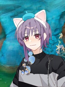 1girl animal_ears bang_dream! bang_dream!_it&#039;s_mygo!!!!! black_sweater cat_ears commentary fake_animal_ears highres jilanzhijing misumi_uika photo-referenced photo_background purple_hair red_eyes selfie short_hair solo_focus striped_clothes striped_sweater sweater symbol-only_commentary togawa_sakiko unworn_eyewear upper_body voice_actor_connection yonezawa_akane yuutenji_nyamu