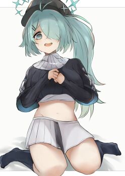 1girl absurdres antenna_hair aqua_eyes aqua_hair aqua_halo black_hat black_socks black_sweater blue_archive breasts clothes_lift commentary_request full_body hair_ornament hair_over_one_eye hairclip halo hat highres hiyori_(blue_archive) kneehighs large_breasts long_bangs long_hair looking_at_viewer miniskirt navel no_shoes one_eye_covered parallel_hairclips peaked_cap pleated_skirt ribbed_sweater side_ponytail simple_background sitting skirt sleeves_past_wrists socks solo stomach sweatdrop sweater sweater_lift tareme tearing_up tsyn very_long_hair wariza white_background white_skirt