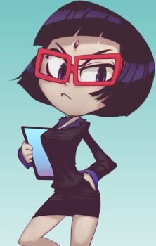 1girl angry black_hair black_jacket black_skirt blue_background breasts cartoon_network colored_skin conoghi dc_comics forehead_jewel glasses grey_skin hand_on_own_hip holding jacket long_sleeves looking_at_viewer medium_breasts office_lady pencil_skirt purple_eyes raven_(dc) short_hair skirt standing tablet_pc teen_titans teen_titans_go!