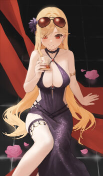 Rule 34 | 1girl, absurdres, arm support, armlet, blonde hair, breasts, cleavage, commentary, commission, cup, drinking glass, earrings, english commentary, eyewear on head, flower, girls' frontline, hair flower, hair ornament, highres, holding, holding cup, jewelry, kir (khw66136132), looking at viewer, m2hb (girls' frontline), official alternate costume, on floor, pink flower, pixiv commission, purple flower, red eyes, sitting, solo, sunglasses