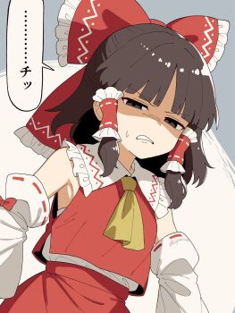 1girl ascot bow brown_eyes brown_hair commentary_request detached_sleeves frilled_bow frilled_hair_tubes frills hair_bow hair_tubes hakurei_reimu highres kapuri_(capuriwa) long_hair red_bow red_skirt ribbon-trimmed_sleeves ribbon_trim shaded_face skirt skirt_set solo sweatdrop touhou translation_request yellow_ascot