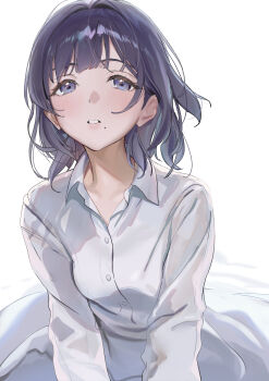 1girl absurdres black_hair blue_eyes blush collared_shirt dress_shirt gakuen_idolmaster hataya_misuzu highres idolmaster long_sleeves looking_at_viewer mole mole_under_mouth parted_lips shirt short_hair simple_background solo uouokuma upper_body white_background white_shirt wing_collar