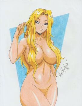 Rule 34 | 1girl, absurdres, animification, arm at side, armpit crease, blonde hair, blue eyes, breasts, collarbone, completely nude, convenient censoring, convenient hair, convenient leg, curled fingers, curtained hair, eyelashes, female focus, fingernails, groin, hair intakes, hair over breasts, hand up, highres, large breasts, legs, legs together, long hair, long sidelocks, looking to the side, navel, neck, nude, playing with own hair, ravernclouk design, scene reference, serious, shiny skin, sidelocks, signature, standing, stomach, t-x, terminator (series), terminator 3: rise of the machines, thighs, traditional media, v-shaped eyebrows, wavy hair, white background