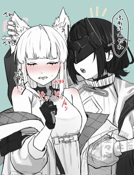 Rule 34 | 2girls, aqua background, arknights, arknights: endfield, armpit crease, bare shoulders, bird girl, blindfold mask, blush, bob cut, clenched teeth, coat, commentary request, corrupted twitter file, dress, endministrator (arknights), extra ears, female endministrator (arknights), gloves, greyscale with colored background, hand on another's ear, highres, jacket, karakr shin, mask, medium hair, multiple girls, nose blush, notice lines, off shoulder, open clothes, open coat, open jacket, open mouth, peanut mouth, perlica (arknights), raised inner eyebrows, ribbed sweater, sidelocks, simple background, sleeveless, sleeveless dress, speech bubble, spot color, sweatdrop, sweater, teeth, translation request, turtleneck, turtleneck sweater, watermark, yuri