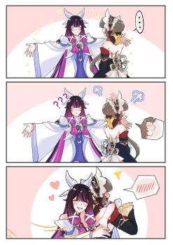 Rule 34 | ..., 2girls, ?, ??, anger vein, bare shoulders, black collar, black hair, black sleeves, blush, blush stickers, bonnet, bow, brown hair, closed eyes, closed mouth, collar, columbina (genshin impact), crossed arms, detached collar, detached sleeves, dress, eye mask, genshin impact, gloves, grin, hair bow, hair bun, hair ornament, hair ribbon, hashtag-only commentary, head wings, headdress, heart, highres, huffing, hug, hug invitation, long hair, long sidelocks, long sleeves, mask, momotomi000, multicolored hair, multiple girls, multiple wings, open mouth, purple hair, purple streaks, ribbon, sandrone (genshin impact), see-through clothes, see-through mask, short hair with long locks, sidelocks, smile, streaked hair, surprise hug, surprised, tsundere, two-tone hair, very long hair, white dress, white gloves, white headdress, white mask, white wings, winding key, wing hair ornament, wings, x-shaped eyewear, yuri