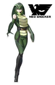 1girl bare_shoulders belt black_belt black_boots bodysuit boots cobranjin commentary eidenjyou1997 elbow_gloves emblem english_commentary evil_smile eyeliner full_body genderswap genderswap_(mtf) gloves gradient_hair green_bodysuit green_eyeliner green_gloves green_hair highres hood kamen_rider looking_at_viewer makeup monster_girl multicolored_hair neo_kamen_rider parted_lips shocker_(kamen_rider) simple_background slit_pupils smile snake_girl snake_hood solo standing teeth thigh_boots white_background yellow_eyes