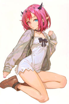 1girl absurdres alternate_breast_size_(smaller) bare_legs black_bow black_choker blue_eyes boots bow breasts brown_boots buttons chest_bow choker commentary commission dress earrings english_commentary full_body gold_necklace grey_jacket heterochromia highres hololive hololive_english horns irys_(casualrys)_(hololive) irys_(hololive) jacket jewelry long_pointy_ears long_sleeves looking_at_viewer multicolored_hair necklace official_alternate_costume open_clothes open_jacket pointy_ears purple_eyes purple_hair red_hair second-party_source simple_background sleeves_past_wrists small_breasts smile solo two-tone_hair virtual_youtuber white_background white_dress yugen99