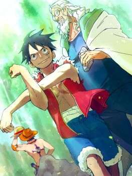 Rule 34 | 3boys, back tattoo, bandages, bandaid on stomach, beard, black hair, blue pants, blue shirt, blue shorts, cape, closed mouth, commentary request, crossed arms, elbow pads, facial hair, forest, glasses, hand on own hip, hat, hip flask, holding, hood, hooded cape, jewelry, long hair, looking ahead, looking back, male focus, monkey d. luffy, multiple boys, nature, necklace, one piece, open clothes, open shirt, orange headwear, pants, portgas d. ace, red shirt, rock, scar, scar on chest, scar on face, shirt, short hair, shorts, silvers rayleigh, single sidelock, sleeveless, sleeveless shirt, smile, straw hat, tanaka (tanakya123), tattoo, topless male, white hair