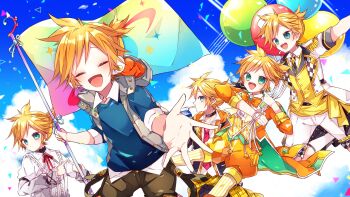 5boys :d balloon bass_clef blonde_hair blue_eyes blue_shirt blue_sky brown_pants center_frills closed_eyes closed_mouth cloud commentary_request day facing_viewer flag frills highres holding holding_balloon holding_flag jacket kagamine_len kaho_0102 long_sleeves male_focus multiple_boys multiple_persona neck_ribbon necktie open_clothes open_jacket open_mouth orange_jacket orange_pantyhose orange_shorts outdoors outstretched_arm pants pantyhose pantyhose_under_shorts red_necktie red_ribbon ribbon shirt short-sleeved_jacket short_hair short_sleeves shorts sky smile striped_clothes striped_pantyhose vest vocaloid white_jacket white_shirt white_shorts yellow_vest