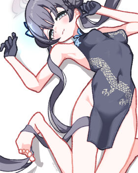1girl absurdres armpits bare_shoulders barefoot black_gloves black_hair blue_archive blush breasts butterfly_hair_ornament china_dress chinese_clothes dragon_print dress gloves grey_eyes grey_hair grey_halo hair_bun hair_ornament half_gloves halo highres kisaki_(blue_archive) long_hair lying no_panties on_back s9uirrel sleeveless sleeveless_dress small_breasts smile solo twintails