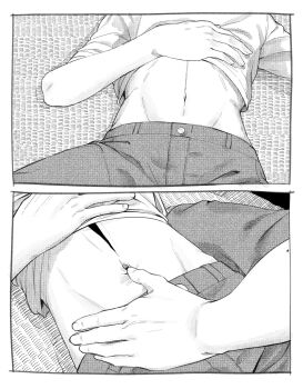 2boys clothes_lift commentary_request deep_wound greyscale highres hikaru_ga_shinda_natsu hip_bones indou_hikaru injury k1tr_jun male_focus mole mole_on_arm monochrome multiple_boys navel on_floor shirt_lift shorts stomach tsujinaka_yoshiki