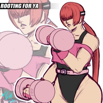 1girl ass bodysuit breasts curvy exercising female_focus gym gym_uniform gymnastics hairband highres huge_ass large_breasts long_hair muscular muscular_female pale_skin ponytail red_hair shermie_(kof) shirt sportswear standing taurence_bell the_king_of_fighters thick_thighs thighs toned toned_female wide_hips