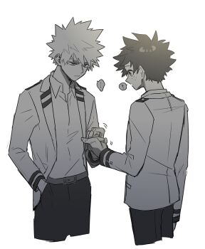 ... 2boys ? arm_at_side bakugou_katsuki belt belt_buckle blazer boku_no_hero_academia buckle buttoned_cuffs buttons closed_mouth collared_shirt commentary_request confused cropped_legs double_horizontal_stripe dress_shirt freckles from_side gesture_request greyscale hand_in_pocket hand_on_another's_hand jacket lapels long_sleeves looking_at_hand looking_down male_focus midoriya_izuku monochrome mori_dosukoi motion_lines multiple_boys multiple_scars notched_lapels open_clothes open_collar open_jacket open_mouth pants partial_commentary pocket profile scar scar_on_hand school_uniform shirt short_hair simple_background speech_bubble spiked_hair spoken_ellipsis spoken_question_mark u.a._school_uniform white_background wing_collar