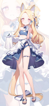 1girl ainy alternate_costume animal_ear_fluff animal_ears bare_legs bare_shoulders bikini bird blonde_hair blue_archive blue_bikini blue_bow blue_ribbon blush bottle bow breasts cross_halo detached_collar dot_nose feet flower fox_ears fox_girl fox_tail full_body grin hair_bow hair_flower hair_ornament halo hands_up highres holding holding_bottle holding_tray large_bow loli long_hair long_sleeves looking_at_viewer low-tied_long_hair neck_ribbon off_shoulder open_mouth pink_eyes ramune ribbon sandals seia_(blue_archive) short_side_ponytail side_ponytail sleeves_past_wrists small_breasts smile solo standing swimsuit tail tail_bow tail_ornament thigh_bow thigh_strap thighs tit_(bird) toenails toes tray twitter_username very_long_hair very_long_tail white_bow white_sandals yellow_halo zoom_layer