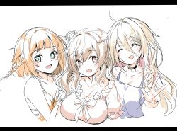 3girls absurdres ajishio aqua_eyes blue_shirt braid breasts brown_eyes brown_hair cevio choker closed_mouth commentary cropped_torso flat_chest frilled_shirt frills hair_flaps highres ia_(vocaloid) large_breasts letterboxed long_hair looking_at_viewer multiple_girls one_(cevio) open_mouth orange_hair orange_shirt pink_shirt platinum_blonde_hair sarashi satou_sasara shirt side_braid sketch smile spaghetti_strap upper_body vocaloid w white_background
