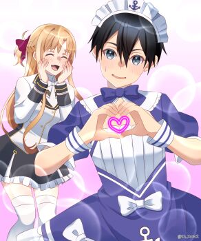 Rule 34 | 1boy, 1girl, :d, ^ ^, absurdres, alternate costume, anchor symbol, artist name, asuna (sao), black hair, black skirt, black wrist cuffs, blazer, blue bow, blue bowtie, blue dress, blue wrist cuffs, blush, bow, bowtie, braid, breasts, brown hair, buttons, cleavage cutout, closed eyes, clothing cutout, commentary request, cosplay, cowboy shot, crossdressing, crossdressing (mtf), double-breasted, double-parted bangs, dress, frilled dress, frilled skirt, frills, gradient background, hair between eyes, hair bow, half up half down braid, heart, heart hands, highres, hololive, jacket, kirito, long hair, maid headdress, medium breasts, messy hair, minato aqua, minato aqua (1st costume), minato aqua (cosplay), miniskirt, nijisanji, open mouth, parted bangs, pink background, red bow, short dress, short hair, short sleeves, skirt, smile, straight hair, striped clothes, striped wrist cuffs, sweatdrop, sword art online, takamiya rion, takamiya rion (1st costume), takamiya rion (cosplay), thighhighs, tu tora2, twitter username, two-tone dress, two-tone wrist cuffs, upper body, virtual youtuber, watermark, white background, white bow, white bowtie, white dress, white jacket, white thighhighs, white trim, white wrist cuffs, wrist cuffs, zettai ryouiki