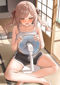 1girl bare_shoulders barefoot black_ribbon black_shorts blush breasts brown_eyes brown_hair collarbone electric_fan hair_ribbon highres imouto-chan_(monaka_curl) indoors large_breasts long_hair looking_at_viewer monaka_curl open_mouth original paid_reward_available ribbon shirt short_shorts shorts sitting solo sweat tatami thighs twintails white_shirt