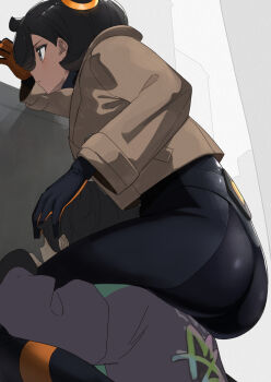 1boy 1girl arm_up ass black_bodysuit black_gloves black_hair blue_eyes bodysuit bodysuit_under_clothes brown_jacket carrying closed_mouth commentary dark-skinned_female dark_skin emma_(pokemon) from_behind from_side gloves grey_jacket hair_between_eyes hair_ornament hand_on_another&#039;s_head highres jacket kashu_(hizake) latex latex_bodysuit long_sleeves looking_ahead nintendo orange_gloves paxton_(pokemon) peeking pokemon pokemon_legends:_z-a revision short_hair shoulder_carry sidelocks skin_tight standing swept_bangs two-tone_gloves
