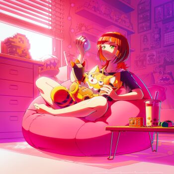 Rule 34 | 1girl, agumon, black shirt, brown hair, bubble tea, digimon, digimon (creature), digimon beatbreak, highres, indoors, isei0212, medium hair, orange hair, pristimon, sakuya reina, shirt, sitting, stuffed toy