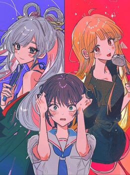 3girls ahoge black_hair black_shirt blue_background blue_neckerchief cho_kaguya-hime! commentary_request grey_hair hair_rings hands_on_own_head highres kaguya_(cho_kaguya-hime!) korean_commentary long_hair multiple_girls neckerchief open_mouth orange_hair red_background red_eyes runami_yachiyo sailor_collar sakayori_iroha sanya_(hwanmul) school_uniform serafuku shirt short_hair short_sleeves twintails white_sailor_collar white_shirt