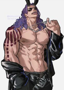 1boy abs arm_tattoo artist_name belt belt_buckle biceps black_belt black_horns black_jacket black_male_underwear black_pants braid buckle chain chain_necklace collarbone facial_hair goatee hand_up hashtag-only_commentary highres horns jacket jewelry komucom03 large_pectorals leather leather_jacket loki_(one_piece) long_hair long_sleeves male_focus male_underwear muscular muscular_male navel necklace nipples off_shoulder one_piece open_belt open_clothes open_jacket open_mouth pants pectorals purple_hair shoulder_tattoo side_braids simple_background solo stomach studded_belt sunglasses tattoo teeth tongue tongue_out twin_braids twitter_username underwear upper_teeth_only watermark white_background