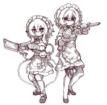 Rule 34 | 2girls, alternate costume, apron, back bow, bandaged hand, bandages, beckoning, blush, bow, braid, cleaver, commentary, dress, enmaided, eyeball, full body, greyscale, hair between eyes, high heels, holding, holding cleaver, holding knife, izayoi sakuya, kneehighs, knife, komeiji koishi, korean commentary, long hair, looking at viewer, maid, maid headdress, mary janes, monochrome, multiple girls, rampa93, shoes, socks, thigh sheath, third eye, touhou, twin braids, waist apron, wrist cuffs