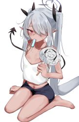 Rule 34 | 1girl, absurdres, barefoot, black shorts, black tail, blue archive, breasts, camisole, dark-skinned female, dark skin, demon tail, doodle sensei (blue archive), food, food in mouth, full body, grey hair, grey halo, hair over one eye, halo, hand fan, highres, holding, holding fan, hot, iori (blue archive), long hair, navel, open mouth, pointy ears, popsicle, red eyes, sensei (blue archive), shorts, showtime775, simple background, small breasts, solo, tail, toes, twintails, white background, white camisole