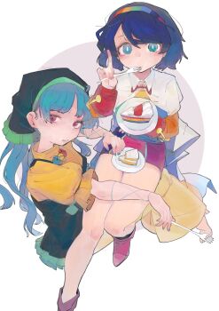 2girls 4qw5 absurdres apron arm_ribbon blue_cloak blue_dress blue_eyes blue_hair blue_hairband blue_nails boots breasts cake cake_slice cloak collared_cloak commentary_request dress fingernails food food_on_face fork frills from_side fruit full_body green_apron green_hairband green_headscarf hair_between_eyes hairband hand_up haniyasushin_keiki headscarf highres holding holding_fork jewelry long_hair long_sleeves looking_at_viewer magatama magatama_necklace medium_breasts multicolored_dress multicolored_hairband multiple_girls nail_polish necklace orange_dress orange_hairband patchwork_clothes pink_boots pink_dress plate pocket puffy_long_sleeves puffy_short_sleeves puffy_sleeves purple_dress purple_eyes purple_hairband rainbow_cake rainbow_order red_dress red_hairband ribbon short_hair short_sleeves simple_background sitting sitting_on_person strawberry teeth tenkyuu_chimata touhou turtleneck turtleneck_dress two-sided_cloak two-sided_fabric wavy_hair white_background white_cloak yellow_dress yellow_hairband