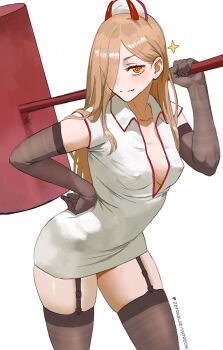 1girl breasts chainsaw_man closed_mouth collarbone collared_dress commentary covered_erect_nipples cross-shaped_pupils dress elbow_gloves english_commentary fang fang_out garter_straps gloves hair_over_one_eye hand_on_own_hip highres holding holding_mallet horns leaning_forward long_hair mallet medium_breasts no_bra orange_eyes parted_bangs patreon_logo patreon_username power_(chainsaw_man) red_horns short_sleeves simple_background solo sparkle symbol-shaped_pupils thighhighs thighs weapon white_background white_dress zefrableu