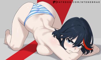 1girl absurdres all_fours ass black_hair blue_eyes blush breasts curvy highres kill_la_kill large_breasts looking_at_viewer matoi_ryuuko multicolored_hair ntenebrae panties red_hair short_hair simple_background solo streaked_hair striped_clothes striped_panties thong top-down_bottom-up topless_female two-tone_hair underwear wide_hips