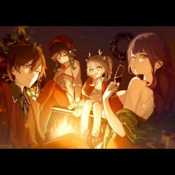 2boys 2girls absurdres alternate_costume back blunt_bangs brown_eyes brown_hair christmas christmas_tree commentary crossed_legs cup dress drinking_glass fire formal_clothes from_behind from_side fruct0se_fa genshin_impact glowing green_eyes green_hair grey_hair hair_between_eyes happy highres holding indoors long_hair long_sleeves looking_at_another looking_at_viewer looking_down looking_to_the_side looking_up multiple_boys multiple_girls nahida_(genshin_impact) open_mouth purple_eyes purple_hair raiden_shogun red_dress shade short_hair side_ponytail sitting smile suit sweater tree venti_(genshin_impact) wine_glass zhongli_(genshin_impact)